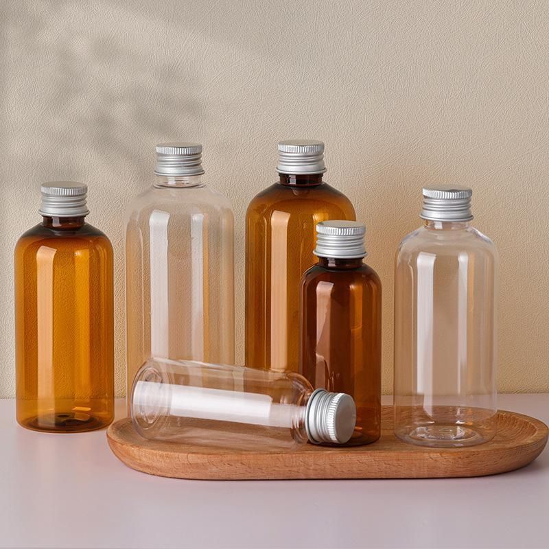 20pcs Brown Transparent Cosmetic Bottles with Aluminum Lids for Packaging - Brown-300ml