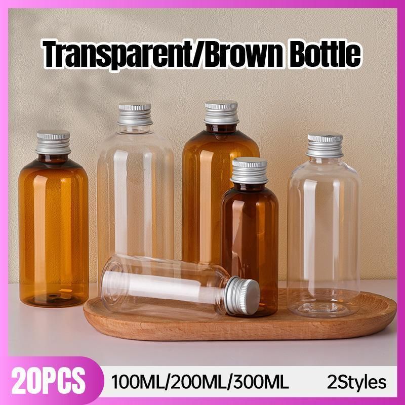 20pcs Brown Transparent Cosmetic Bottles with Aluminum Lids for Packaging - Transparent-100ml