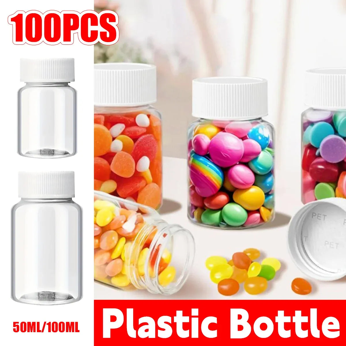 100Pcs Wide Mouth Clear Plastic Bottle with Lid 50/100ml Leakproof Storage Jars - 50ML