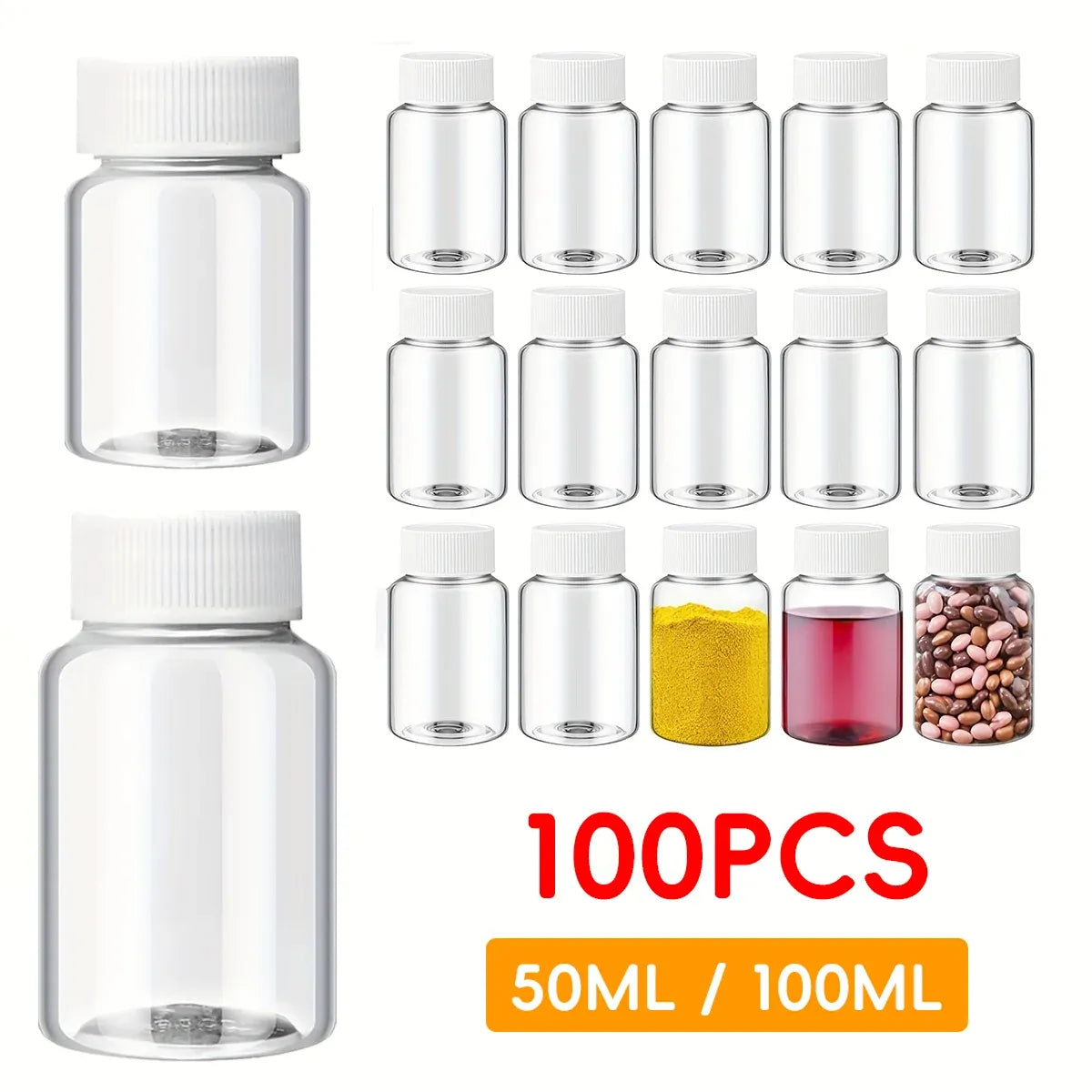 100Pcs Wide Mouth Clear Plastic Bottle with Lid 50/100ml Leakproof Storage Jars - 50ML