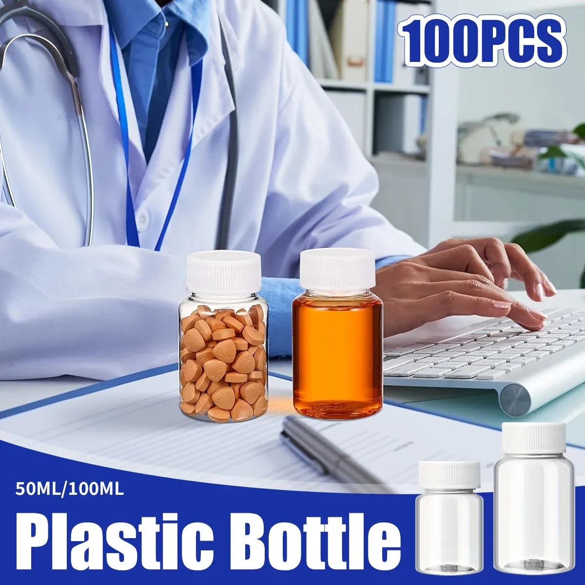 100Pcs Wide Mouth Clear Plastic Bottle with Lid 50/100ml Leakproof Storage Jars - 50ML