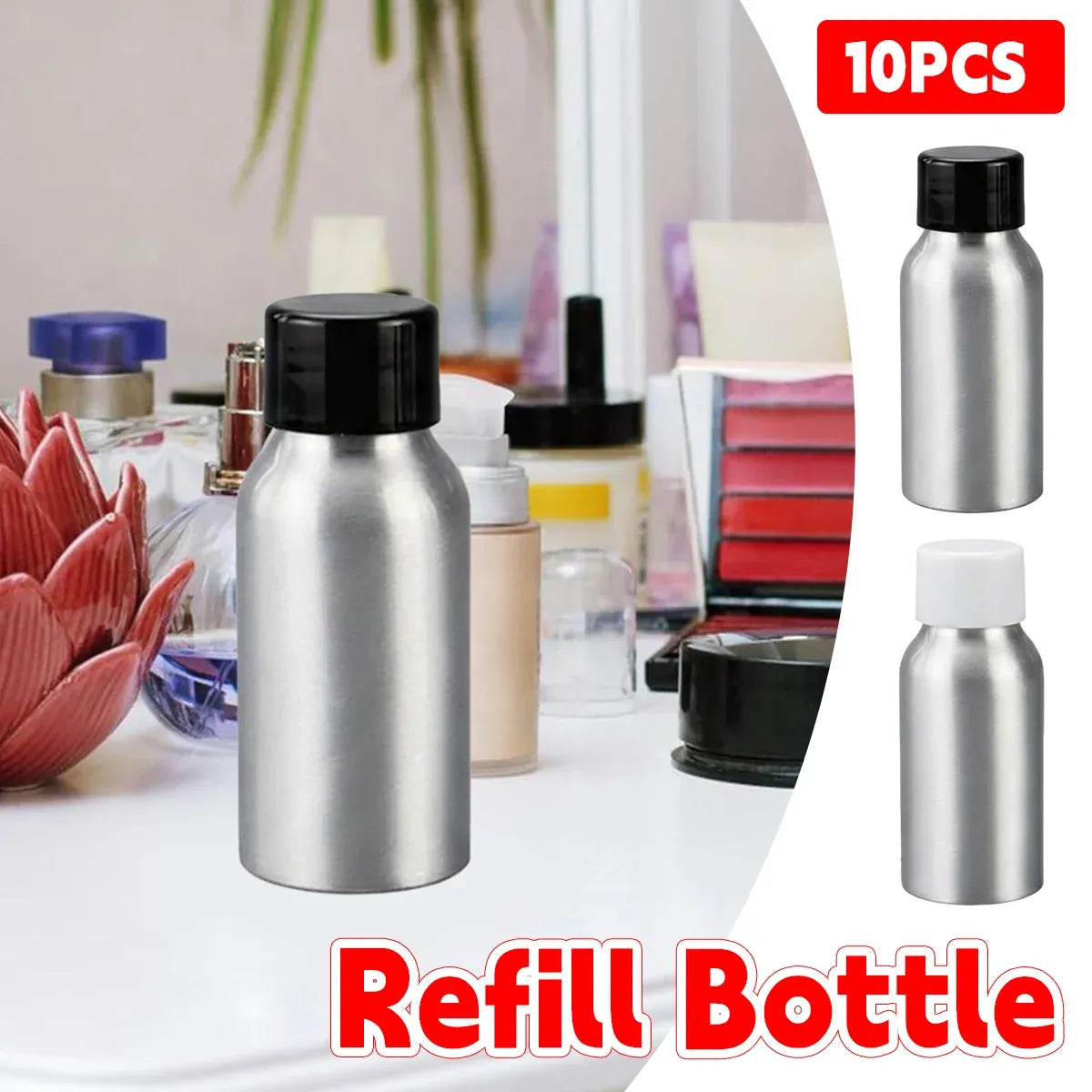 10PCS Mini Leak Proof Aluminum Bottle With Plastic Lid Essential Oil Refillable - Black