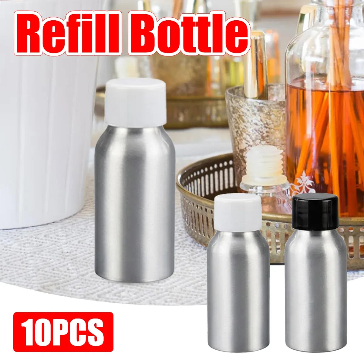 10PCS Mini Leak Proof Aluminum Bottle With Plastic Lid Essential Oil Refillable - Black