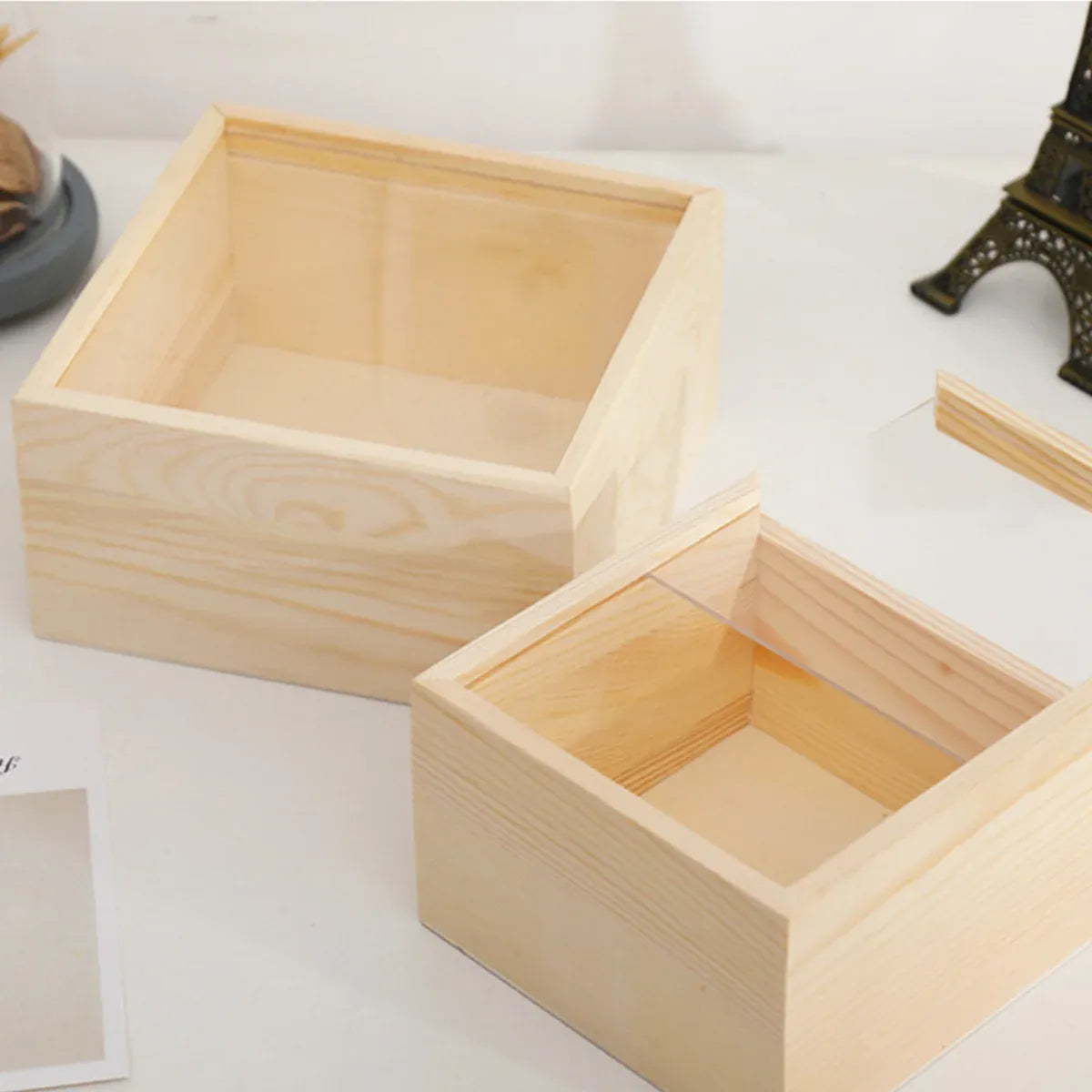 Solid Wood Storage Box with Acrylic Sliding Lid Pull Out Gift Packaging Case - 15x15x8cm