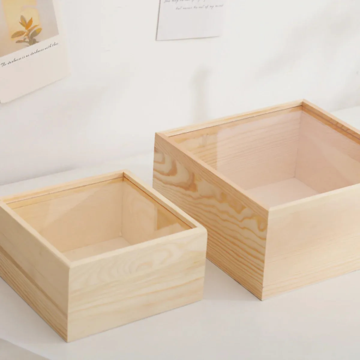 Solid Wood Storage Box with Acrylic Sliding Lid Pull Out Gift Packaging Case - 20x20x10cm