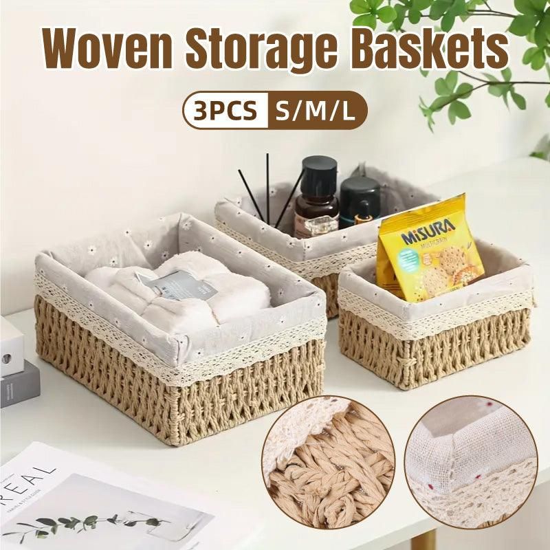 3pcs Rattan Storage Basket Woven Fabric Grass Basket for Home Organiser Decor
