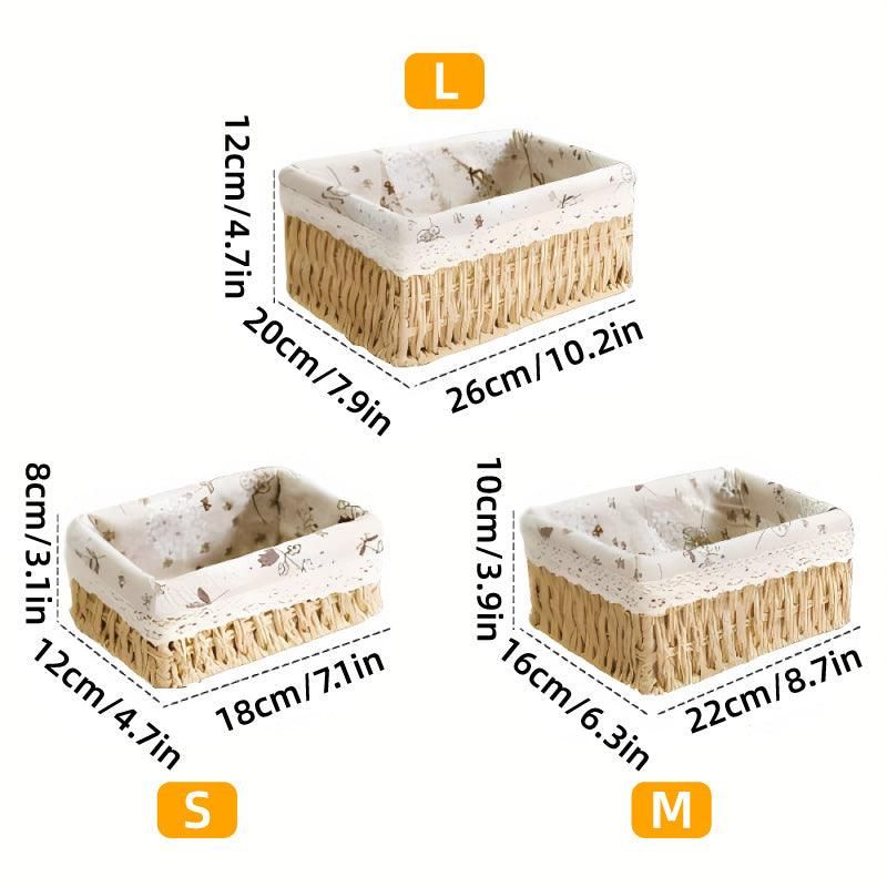 3pcs Rattan Storage Basket Woven Fabric Grass Basket for Home Organiser Decor