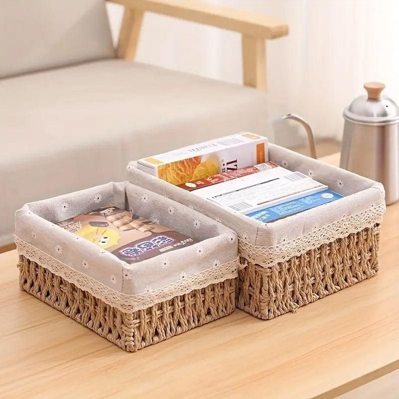 3pcs Rattan Storage Basket Woven Fabric Grass Basket for Home Organiser Decor
