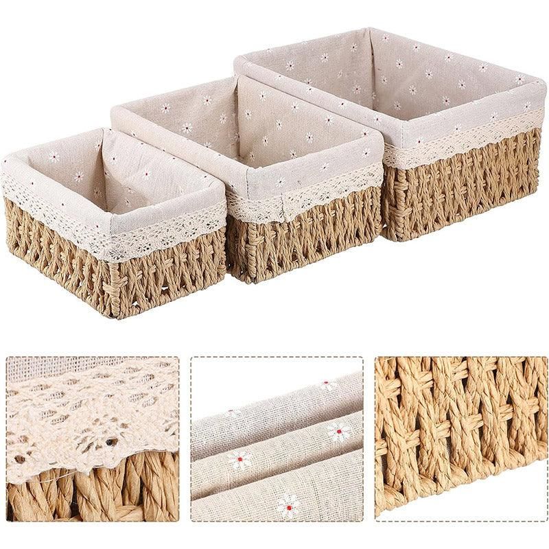 3pcs Rattan Storage Basket Woven Fabric Grass Basket for Home Organiser Decor