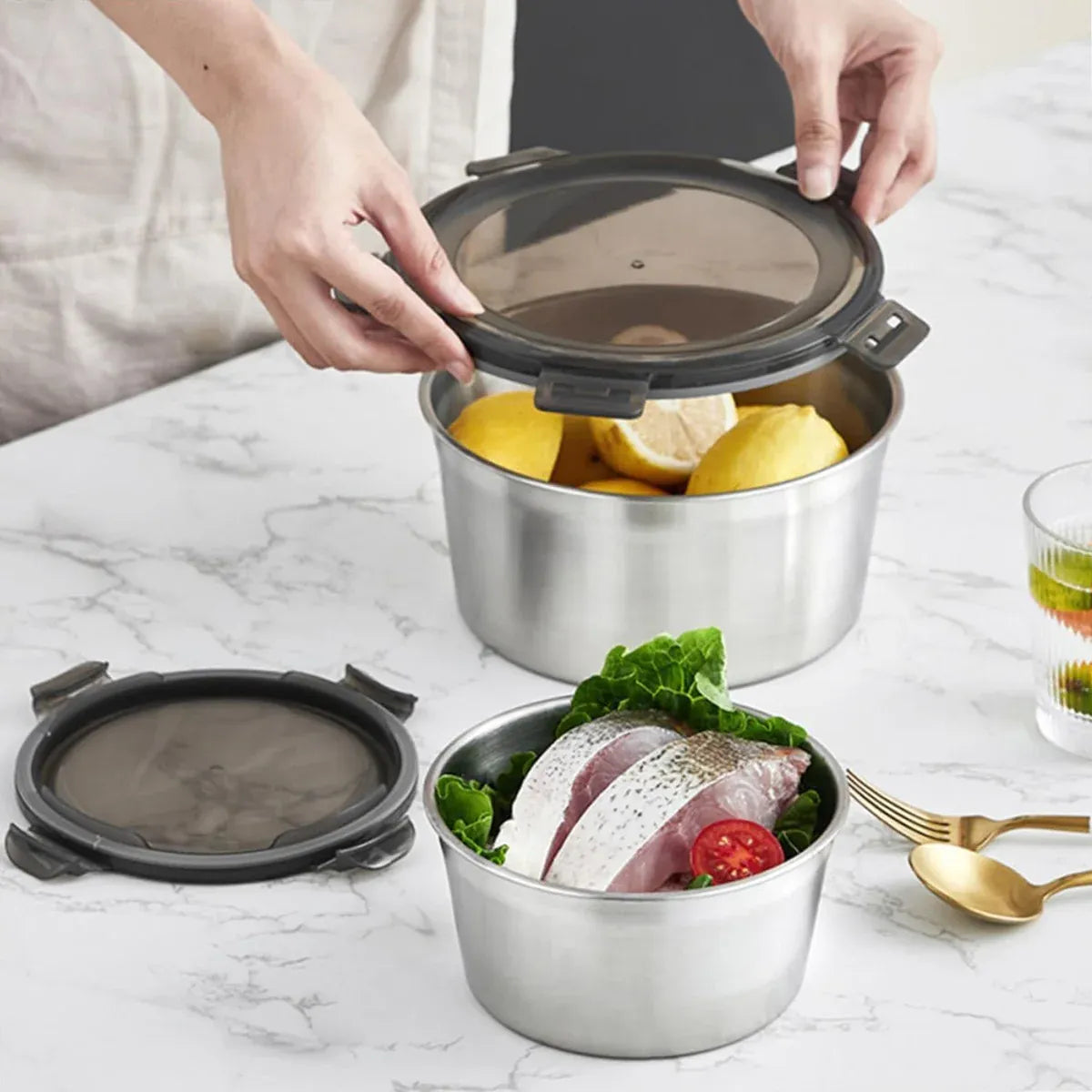 Stainless Steel Box Set 4pcs Sealed Lunch Food Container Refrigerator Use