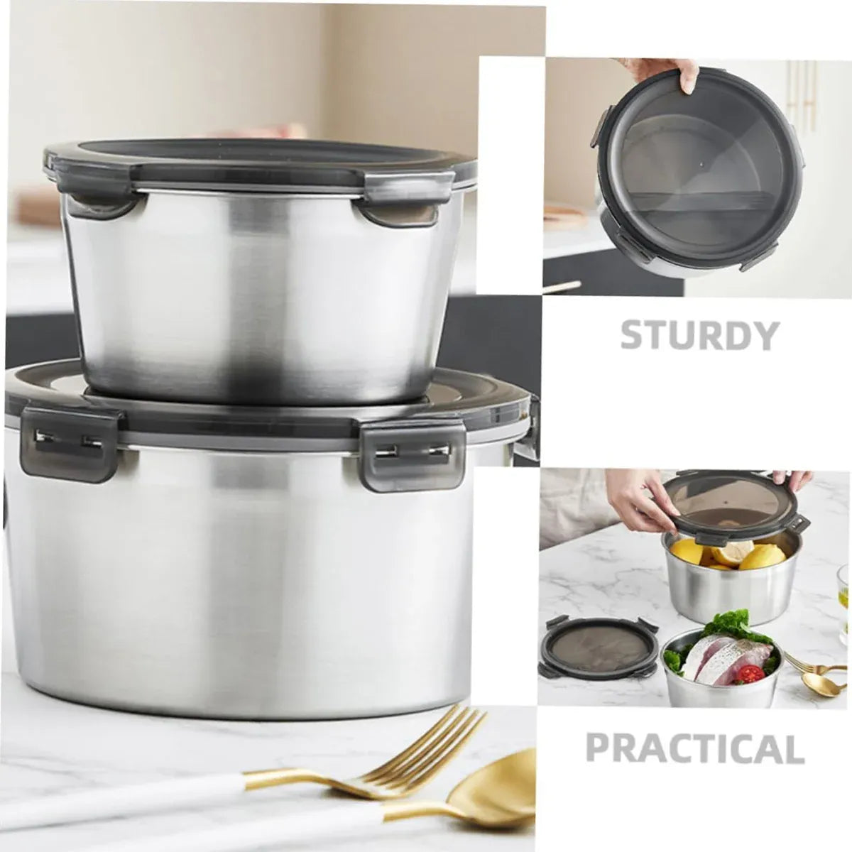 Stainless Steel Box Set 4pcs Sealed Lunch Food Container Refrigerator Use