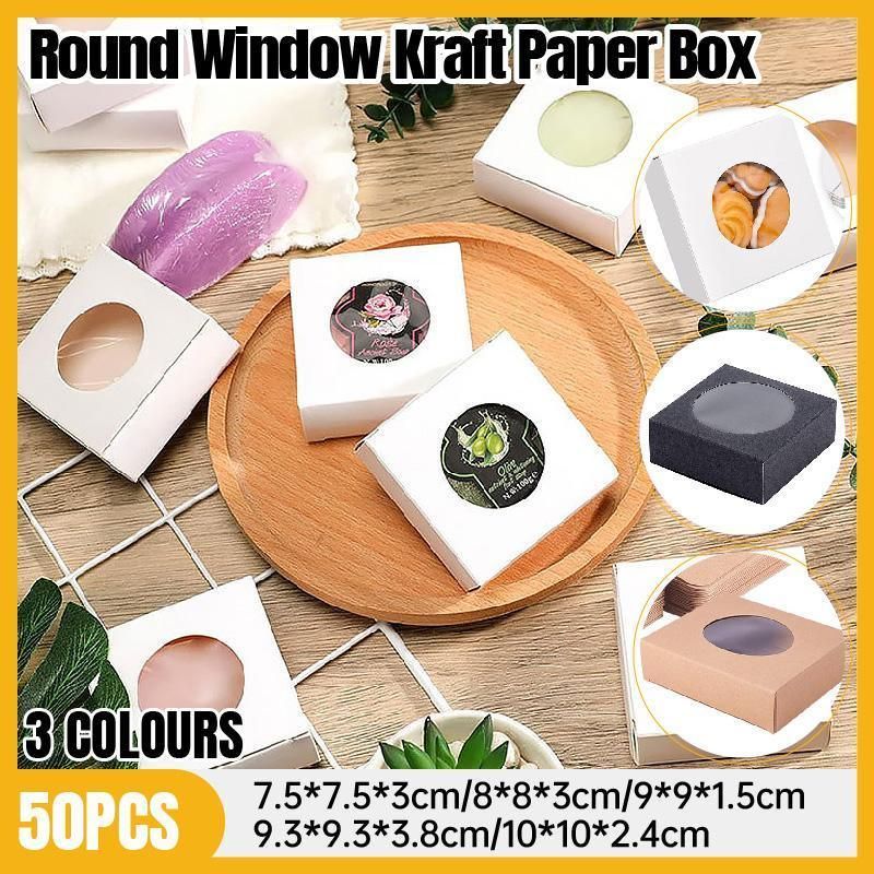 50PCS Handmade Soap Paper Box Round Window Kraft Black White Candy Biscuit Box - Khaki-50pcs 7.5*7.5*3CM