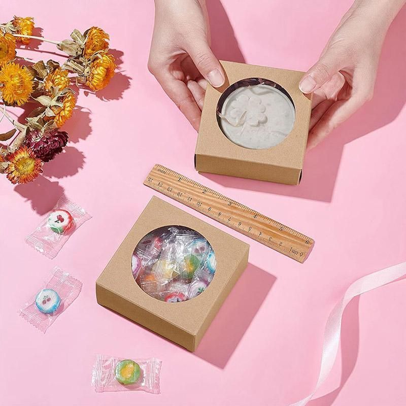 50PCS Handmade Soap Paper Box Round Window Kraft Black White Candy Biscuit Box - Khaki-50pcs 7.5*7.5*3CM