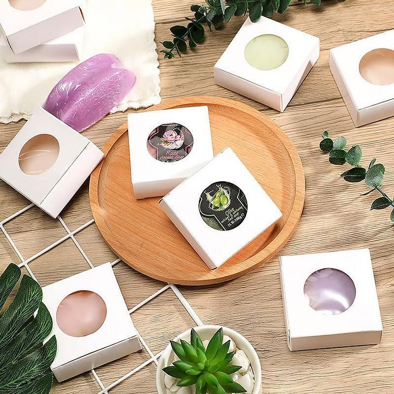 50PCS Handmade Soap Paper Box Round Window Kraft Black White Candy Biscuit Box - Khaki-50pcs 7.5*7.5*3CM