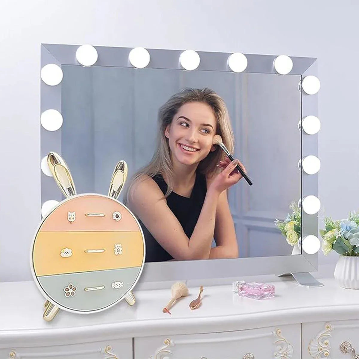 Large Multi-functional Makeup Storage Organizer Rabbit Decor Drawer Cosmetic Box - White
