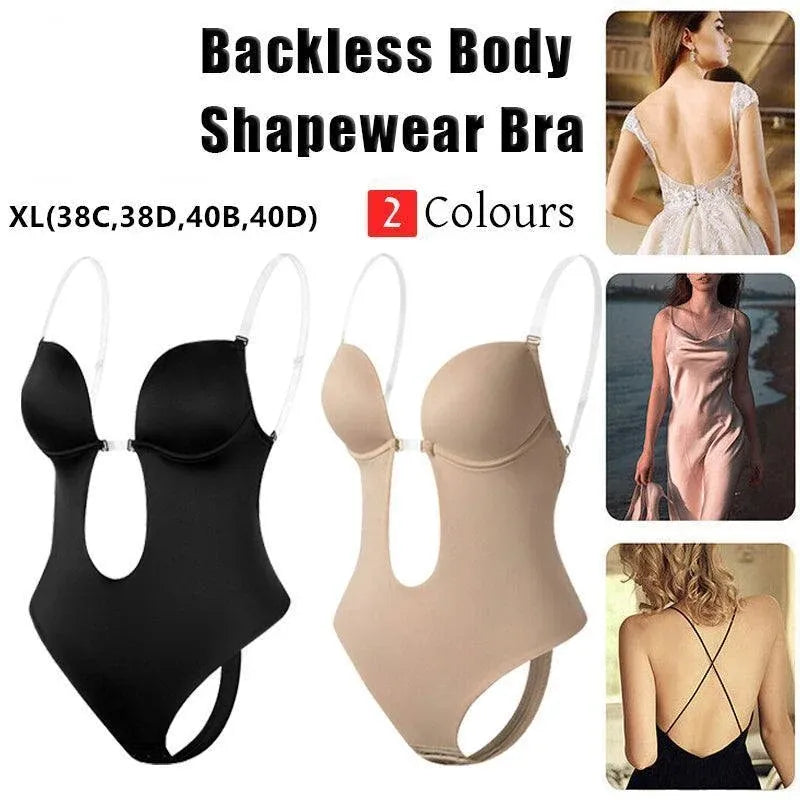 XL Women Deep U Plunge Seamless Push Up Bra Thong Body Shaper Backless Bodysuit - Skin