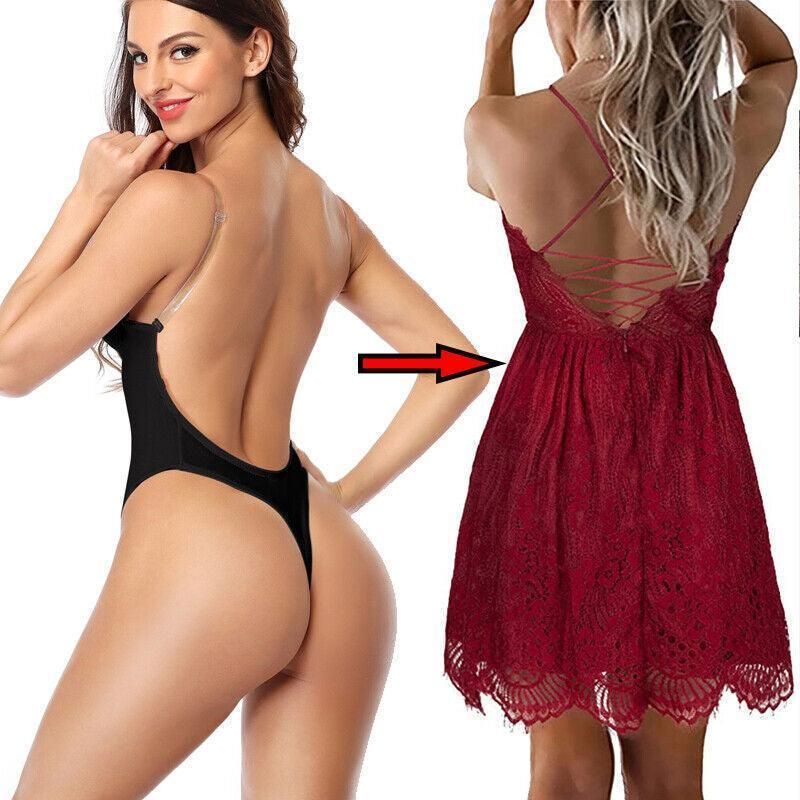 XL Women Deep U Plunge Seamless Push Up Bra Thong Body Shaper Backless Bodysuit - Skin