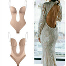 XL Women Deep U Plunge Seamless Push Up Bra Thong Body Shaper Backless Bodysuit - Skin