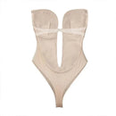 XL Women Deep U Plunge Seamless Push Up Bra Thong Body Shaper Backless Bodysuit - Black