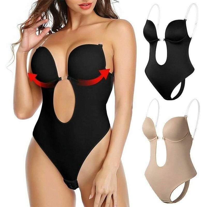 XL Women Deep U Plunge Seamless Push Up Bra Thong Body Shaper Backless Bodysuit - Black