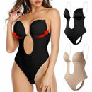 XL Women Deep U Plunge Seamless Push Up Bra Thong Body Shaper Backless Bodysuit - Black