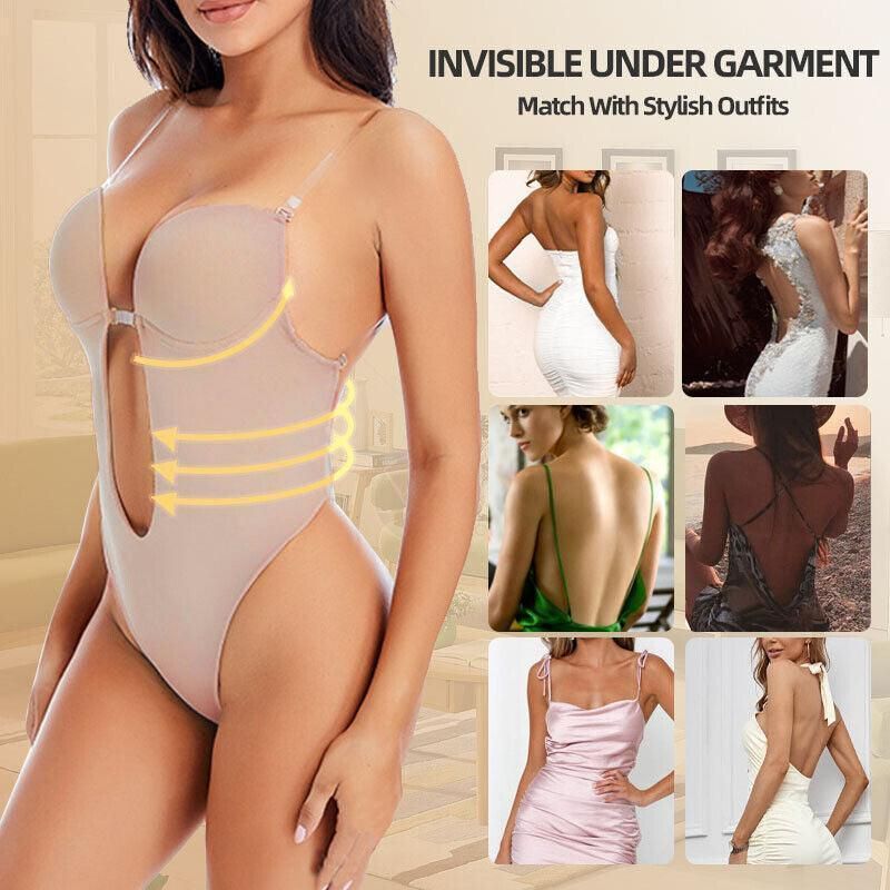 XL Women Deep U Plunge Seamless Push Up Bra Thong Body Shaper Backless Bodysuit - Black
