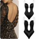 XL Women Deep U Plunge Seamless Push Up Bra Thong Body Shaper Backless Bodysuit - Black