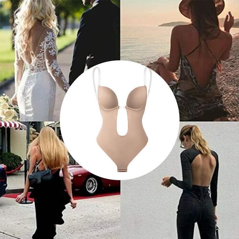 XL Women Deep U Plunge Seamless Push Up Bra Thong Body Shaper Backless Bodysuit - Black