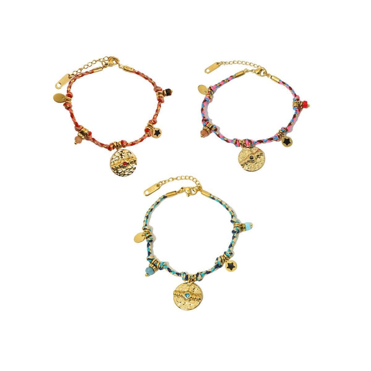 Boho Bracelet Set Women Natural Stone Woven Retro Style Adjustable Layered - Pink