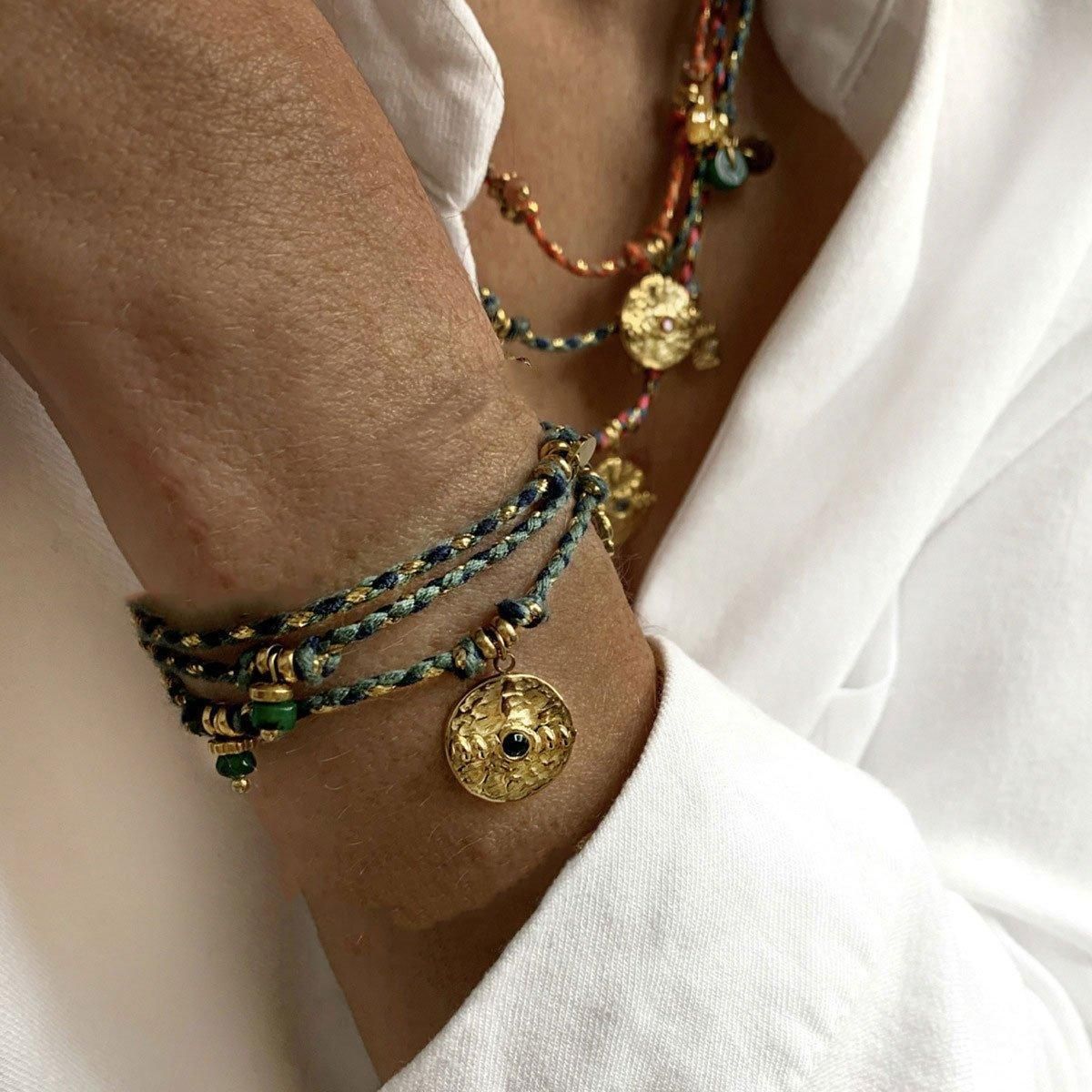 Boho Bracelet Set Women Natural Stone Woven Retro Style Adjustable Layered - Pink