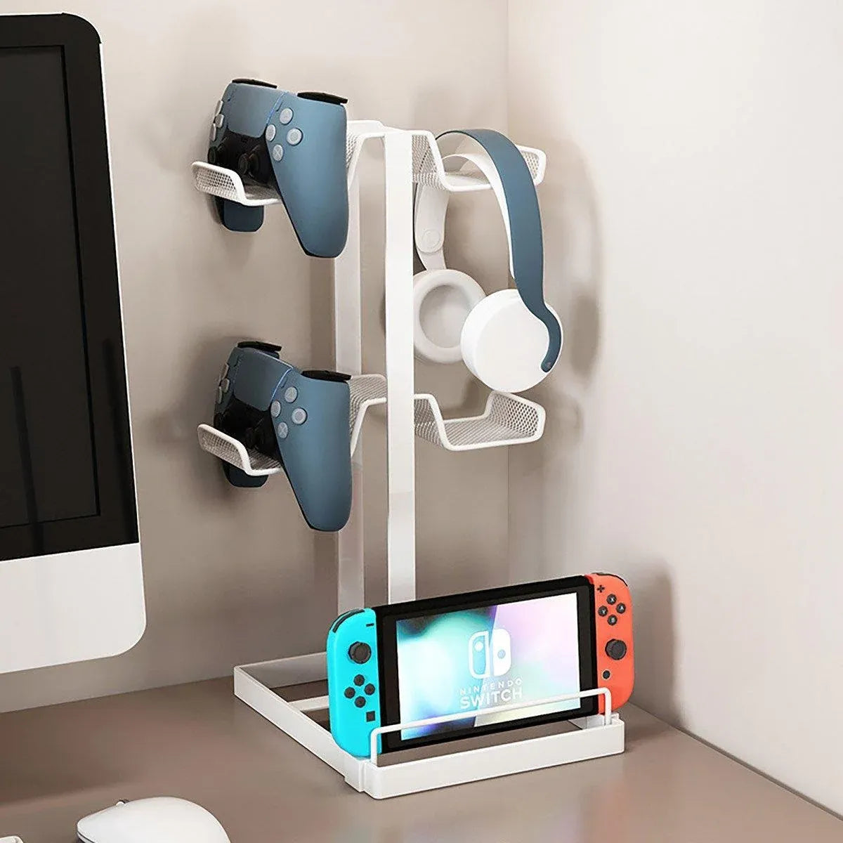 Headphones and Game Controller Holder Stand Desk Bracket for Accessories Display - White