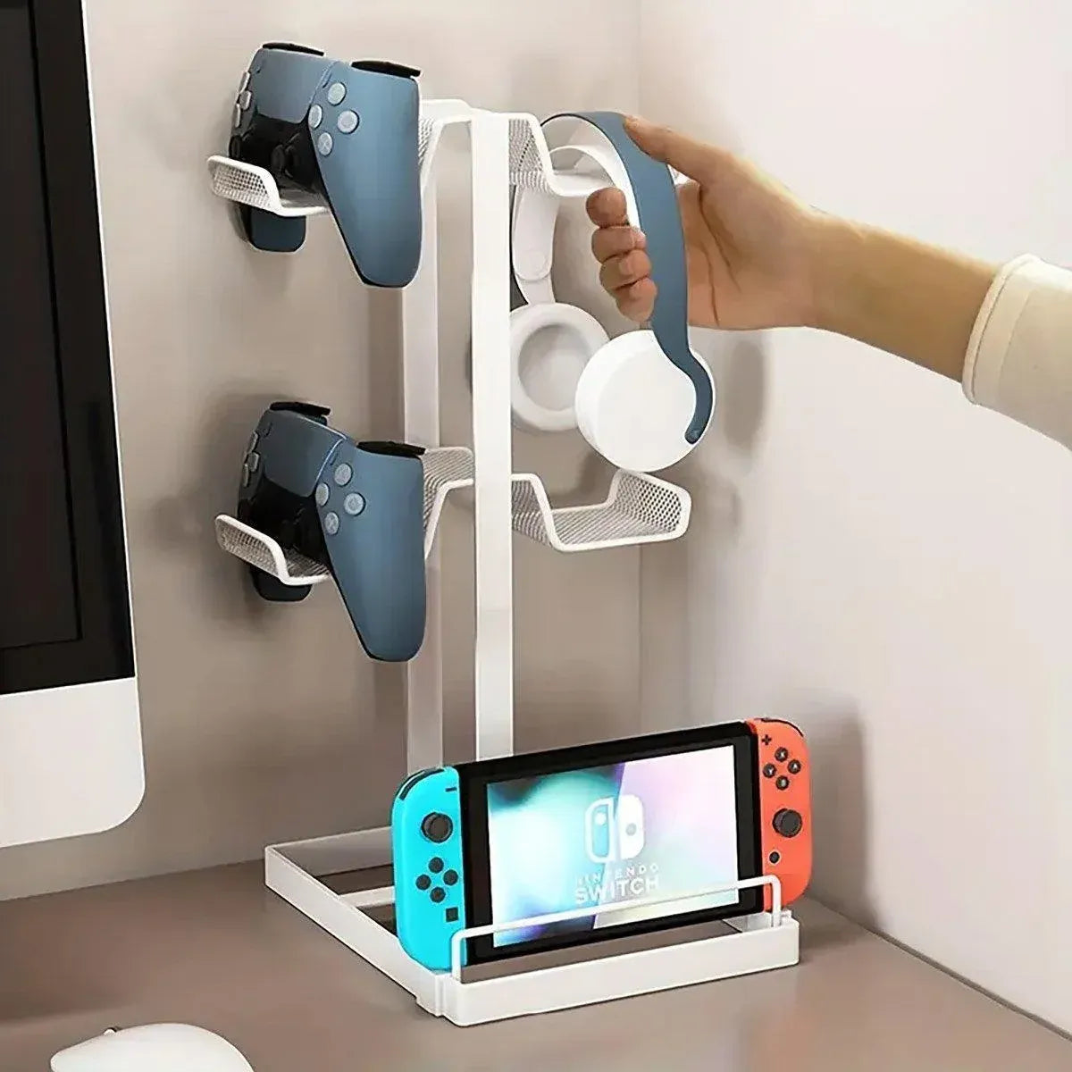 Headphones and Game Controller Holder Stand Desk Bracket for Accessories Display - White