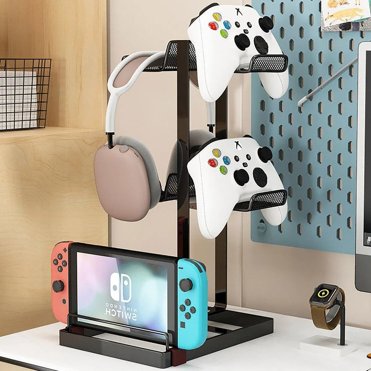 Headphones and Game Controller Holder Stand Desk Bracket for Accessories Display - White