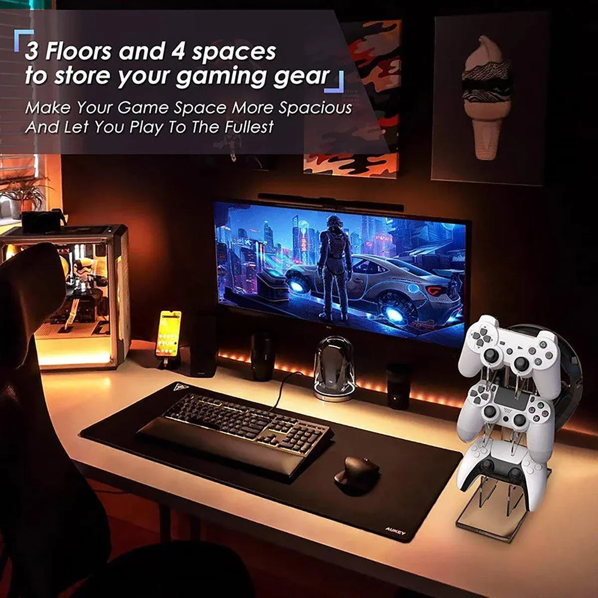3 Tier Gamepad and Headset Display Stand for Gaming Accessories Organization - Transparent