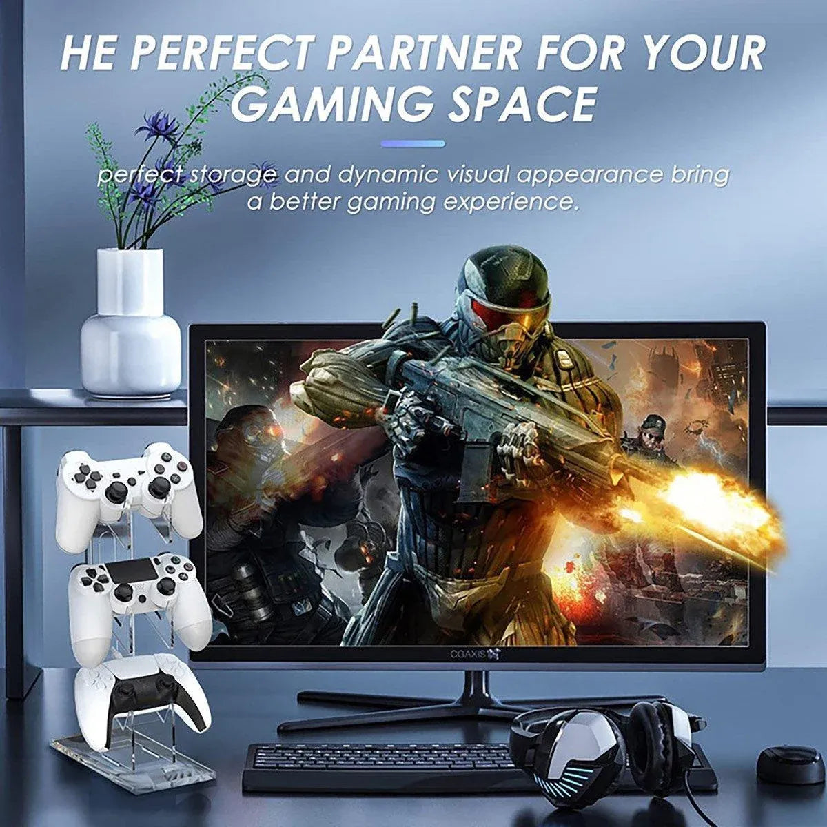 3 Tier Gamepad and Headset Display Stand for Gaming Accessories Organization - White