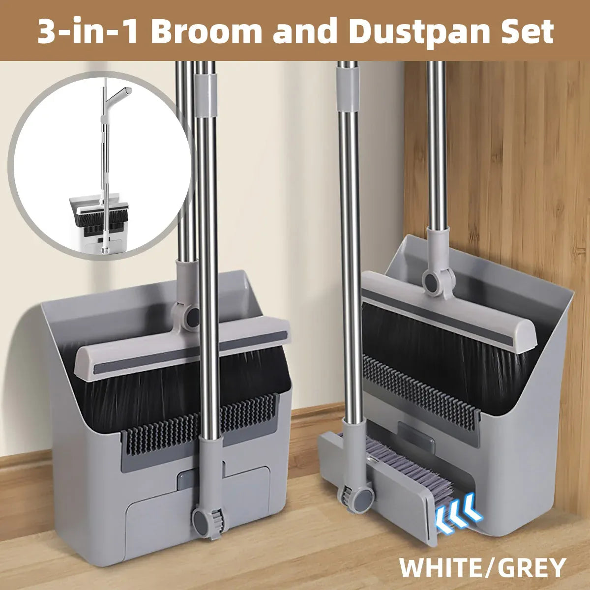 3 in1 Broom Set for Winnowing Brushing Handheld Cleaning Tool Home Kitchen Floor - White