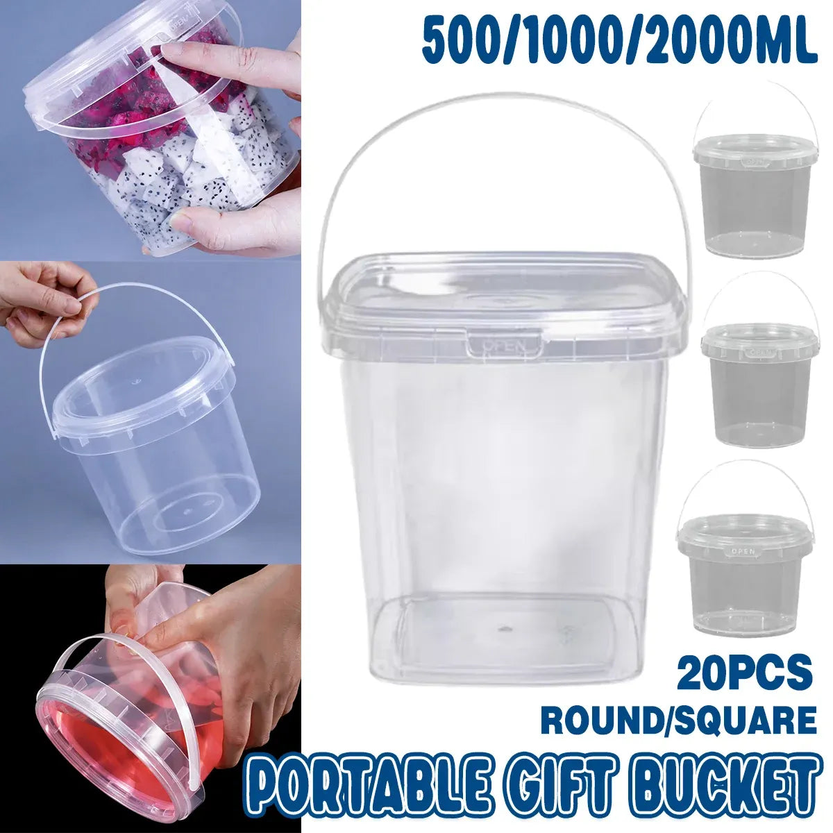20pcs Plastic Round Bucket with Lid Transparent Portable Storage Gift Container - Round 1000ml