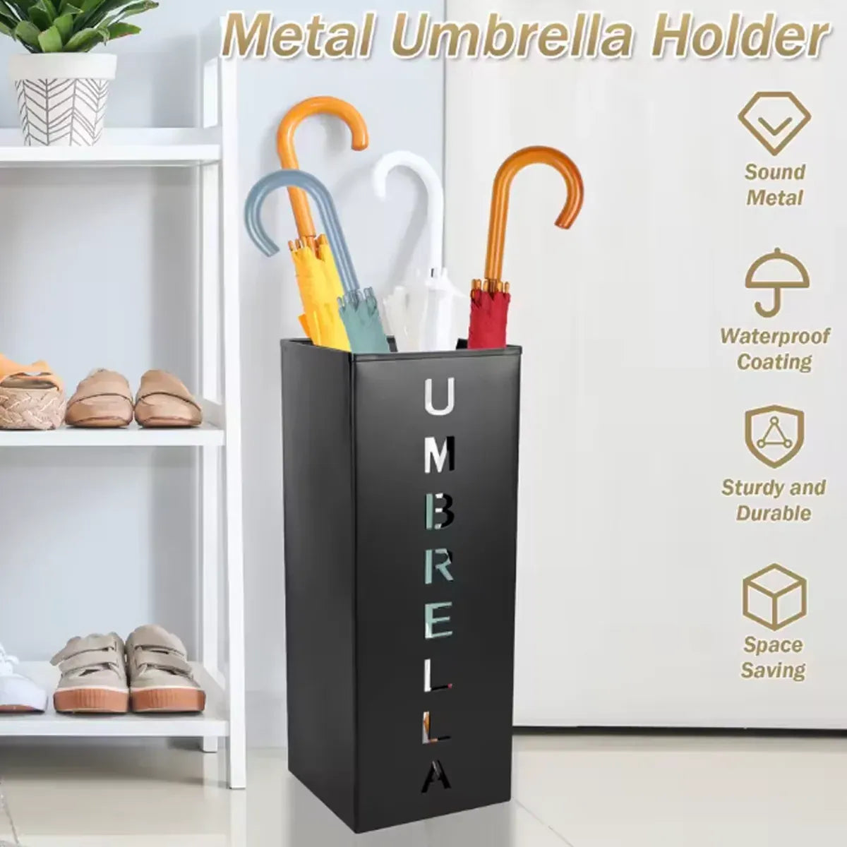 Umbrella Bucket Storage Cylinder Square Storing Umbrellas Home Office Organizer - Black