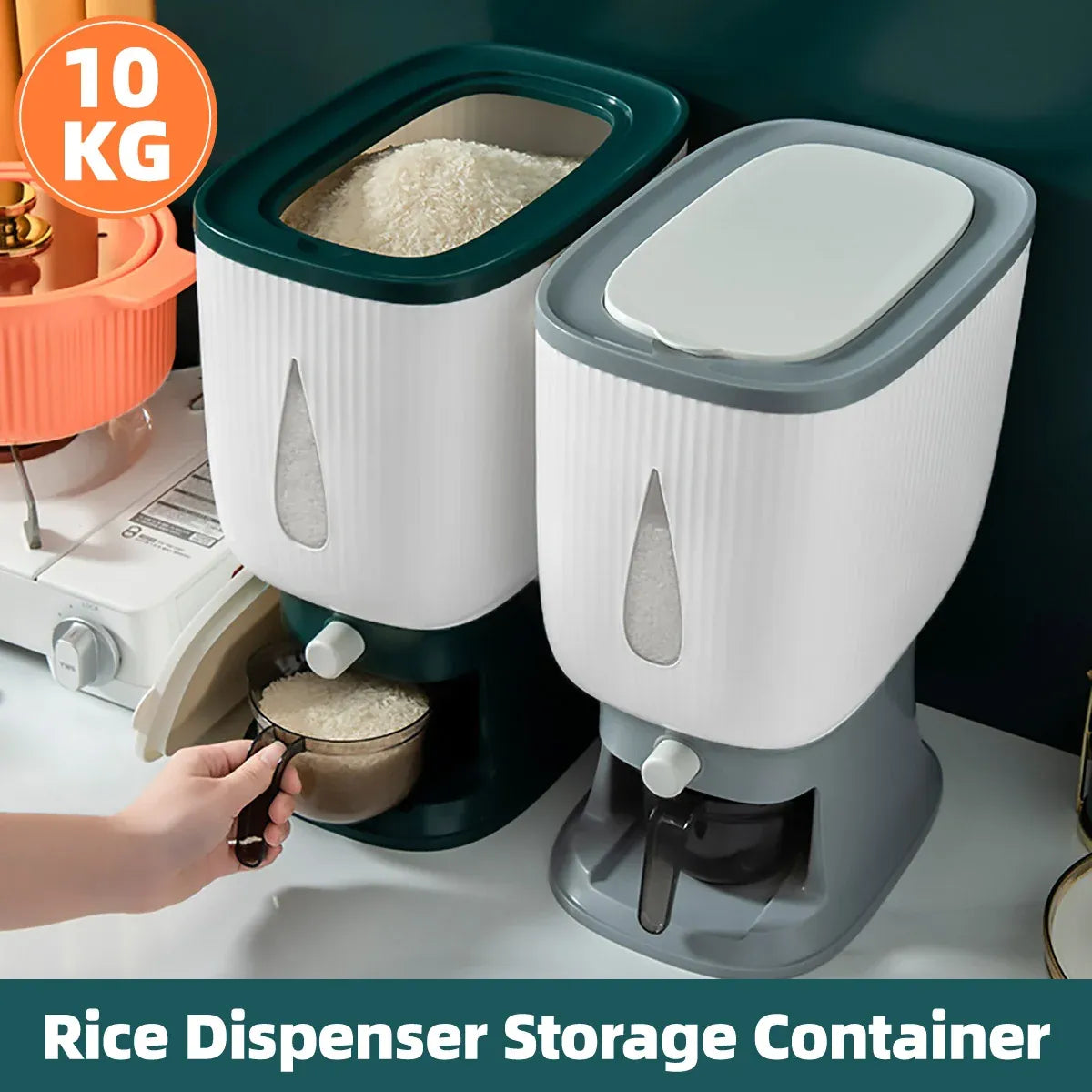 10kg Rice Storage Bucket Household Metering Rice Container Large Capacity - Green