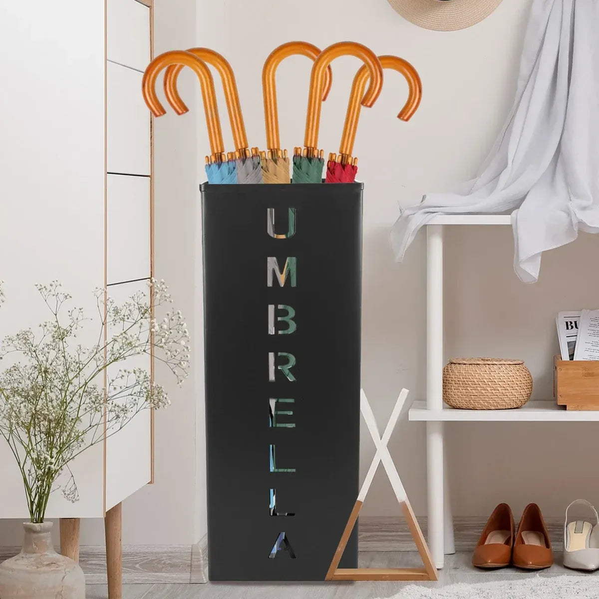 Umbrella Bucket Storage Cylinder Square Storing Umbrellas Home Office Organizer - White