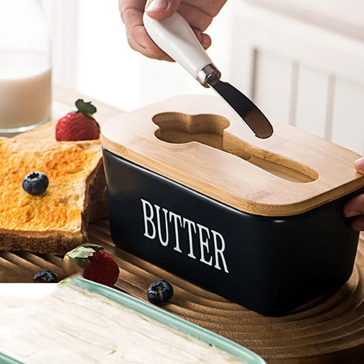 Butter Box with Knife Rectangular Cheese Container with Wooden Lid for Kitchen - Red