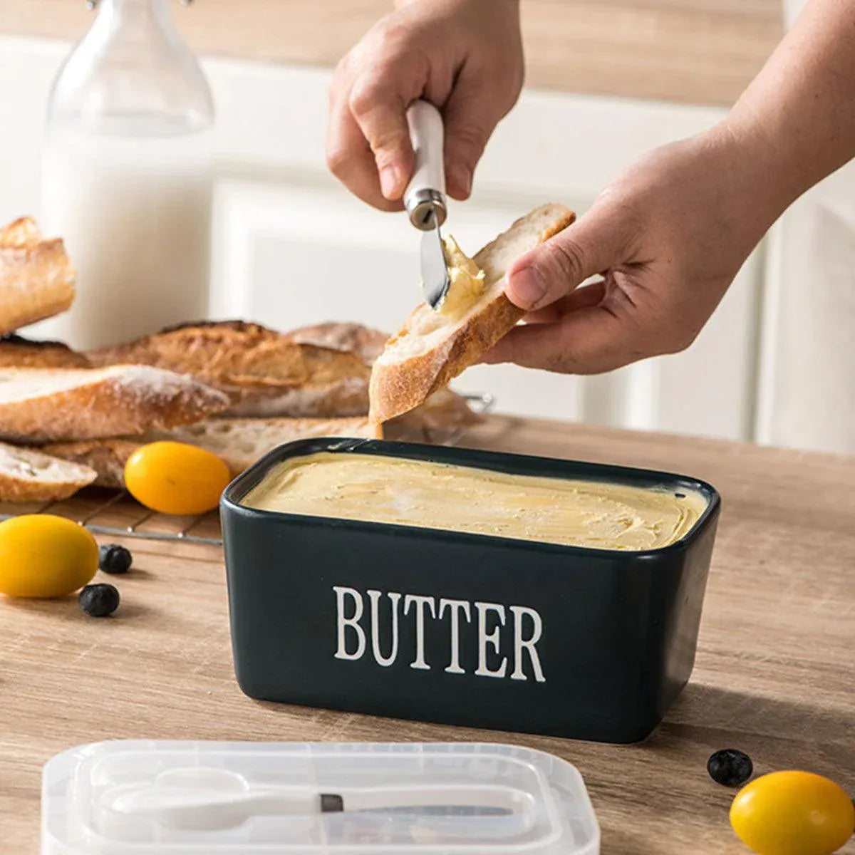 Butter Box with Knife Rectangular Cheese Container with Wooden Lid for Kitchen - Red