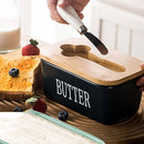 Butter Box with Knife Rectangular Cheese Container with Wooden Lid for Kitchen - Blue