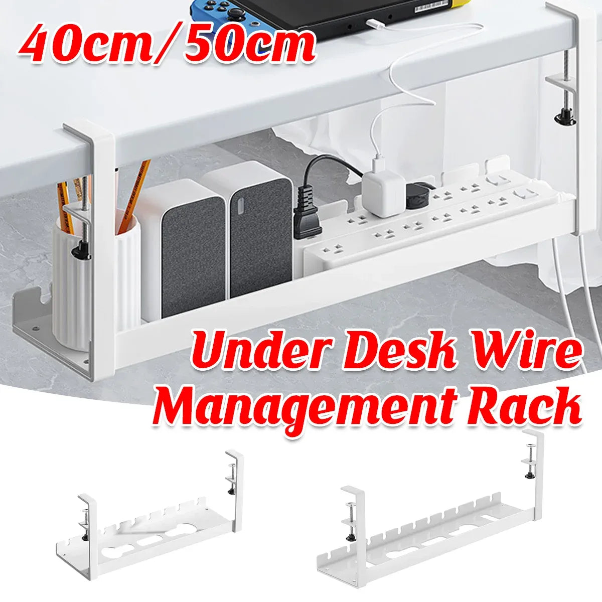 Under Table Cable Management Rack Wire Organizer Power Strip Holder for Home - 40cm