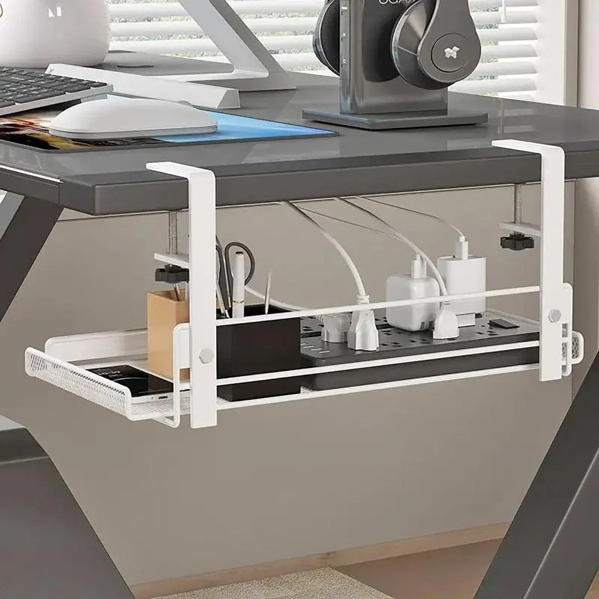 Under Desk Storage Shelf Hidden Drawer Organizer for Office Home Table Space - White