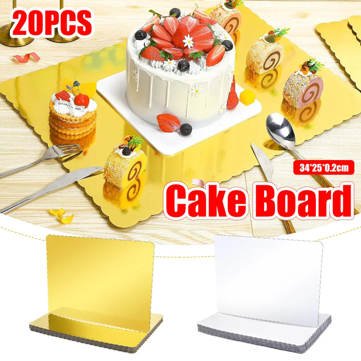 Corrugated Cake Base Cardboard Rectangle Wavy Edge Bakery Pastry Display Tray - White