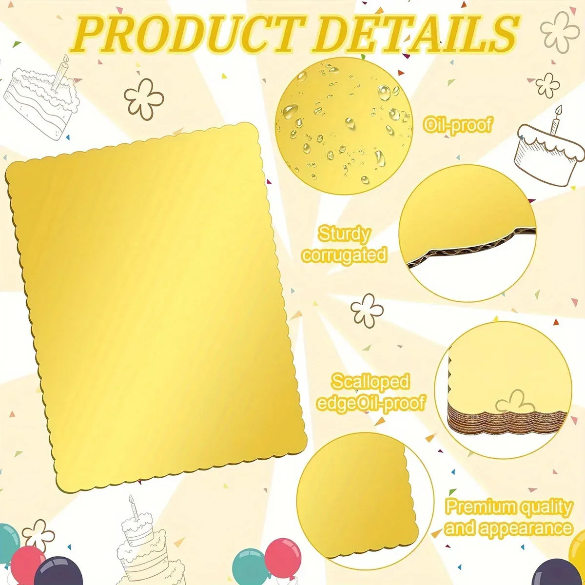 Corrugated Cake Base Cardboard Rectangle Wavy Edge Bakery Pastry Display Tray - White