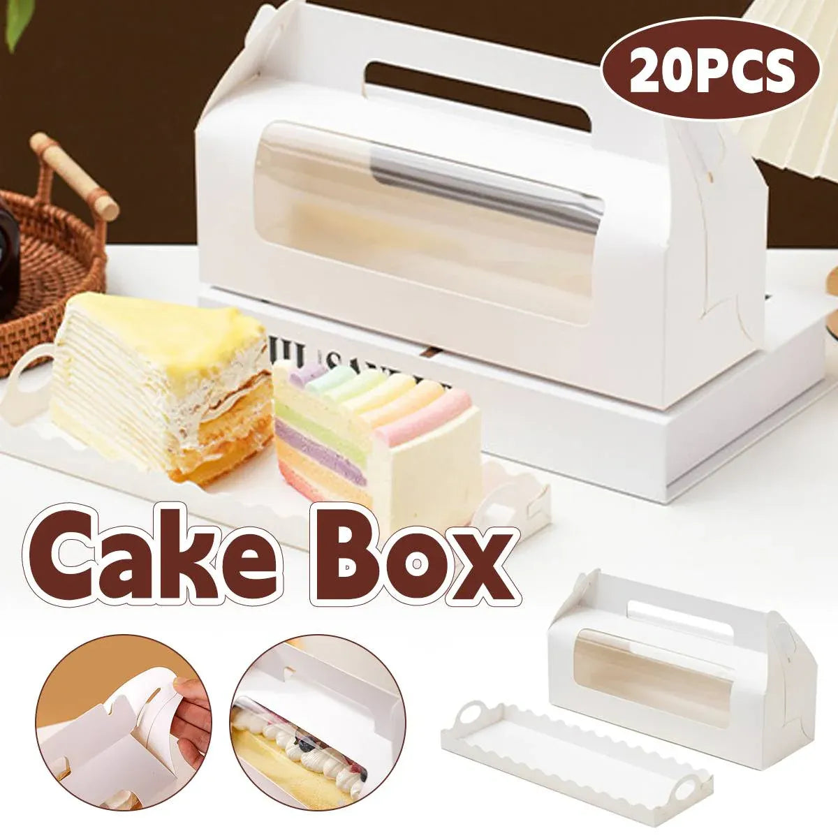20Pcs Window Cake Roll Packaging Box with Handle Bakery Takeaway Party Dessert