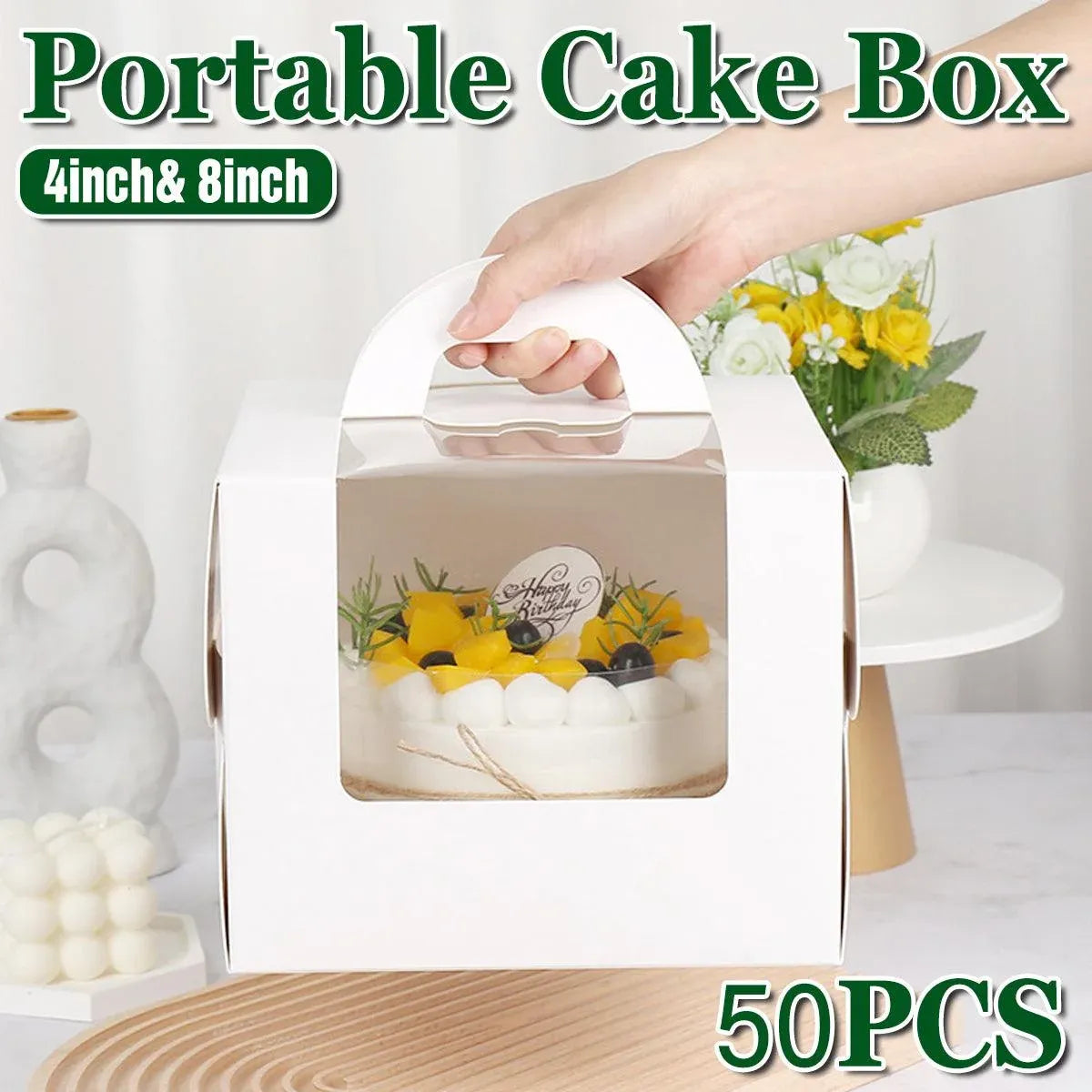 50pcs Portable Cake Boxes with Open Window for Birthday Party Cake Packaging - 4inch