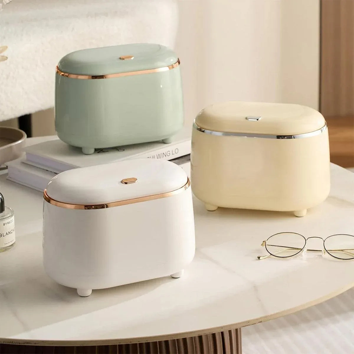 Small Desktop Trash Can Oval Pop Up Lid Rubbish Bin Waste Organizer Container - Beige